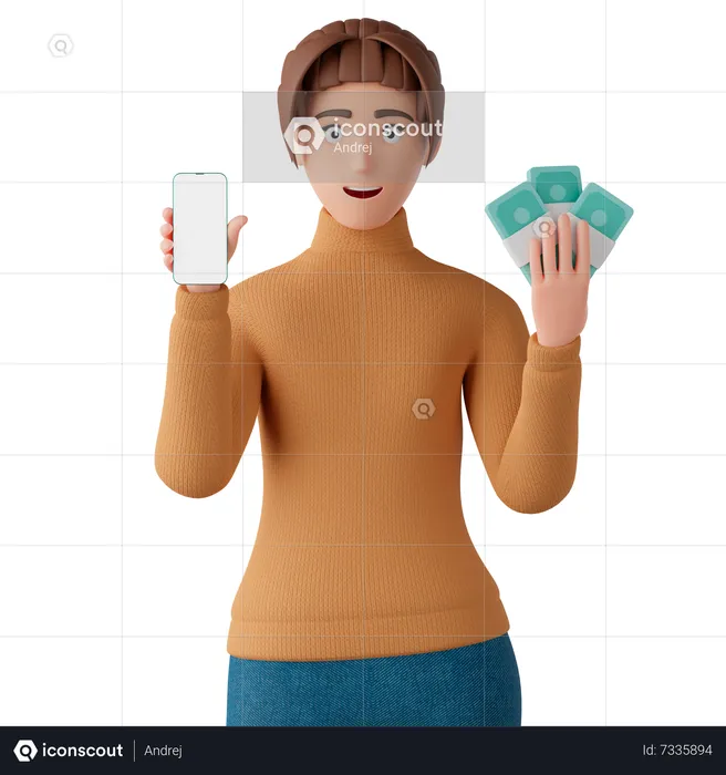 Woman Holding Smart Phone And Bunch Of Cash  3D Illustration