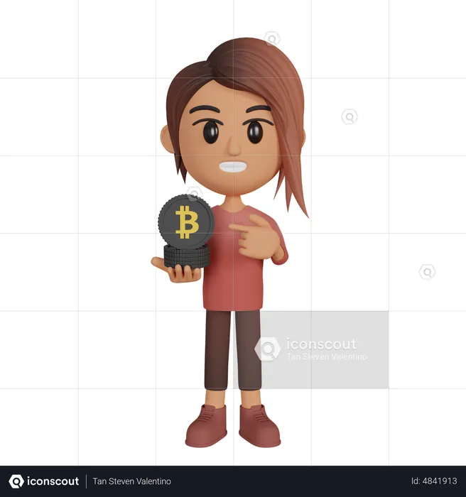 Woman Showing Bitcoins  3D Illustration
