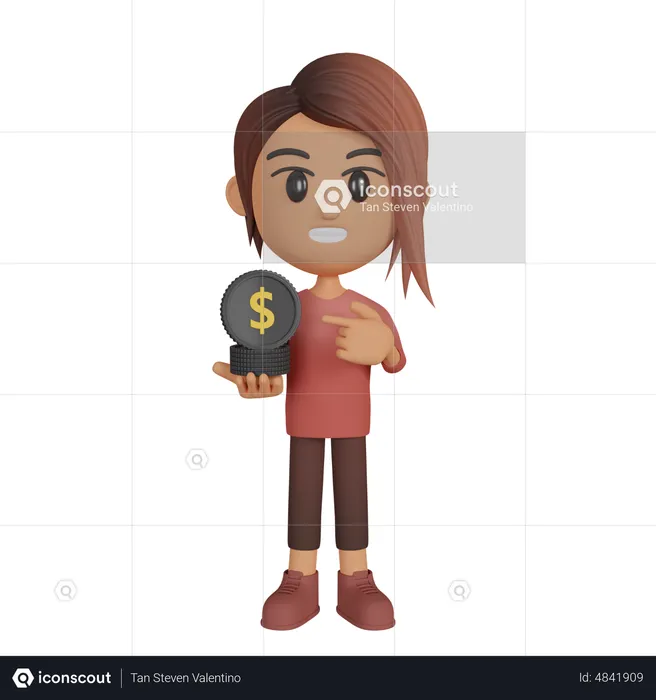Woman Showing Dollar Coins  3D Illustration