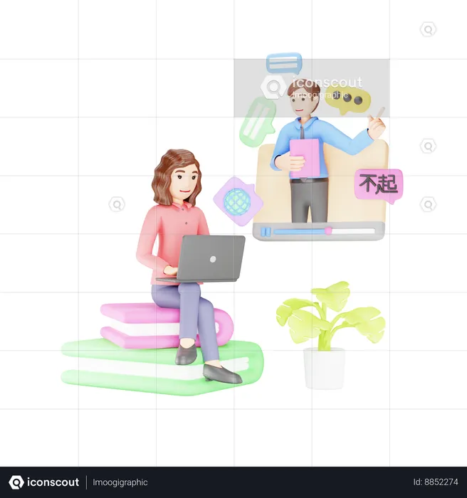 Woman is learning foreign language from online tutor  3D Illustration