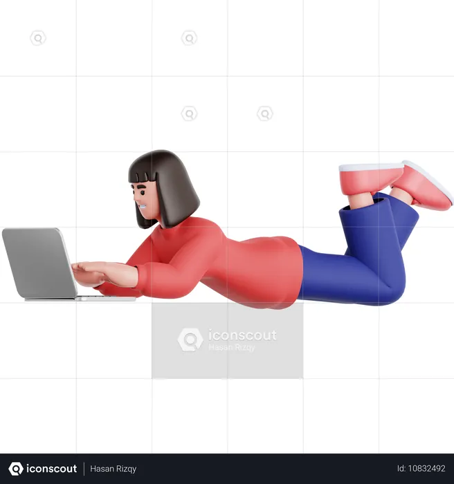 Woman Laying and Using Laptop  3D Illustration