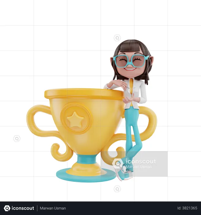 Woman leaning on the trophy  3D Illustration