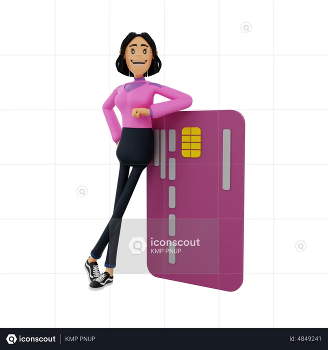 Woman learning on bank card  3D Illustration