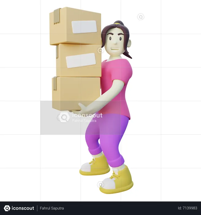 Woman Lift Stack of Box  3D Illustration