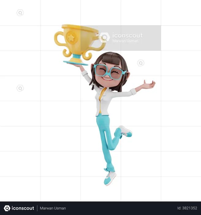 Woman lift the trophy  3D Illustration