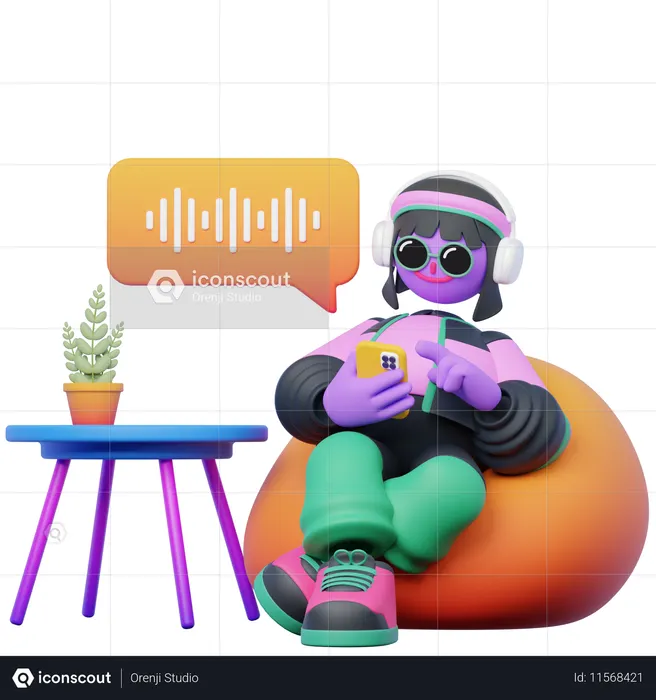 Woman Listening to Podcast while Sitting on Beanbag  3D Icon