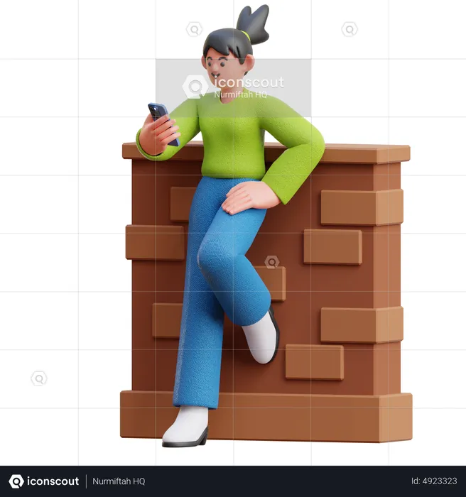 Woman Look At Smartphone Leaning On The Wall  3D Illustration