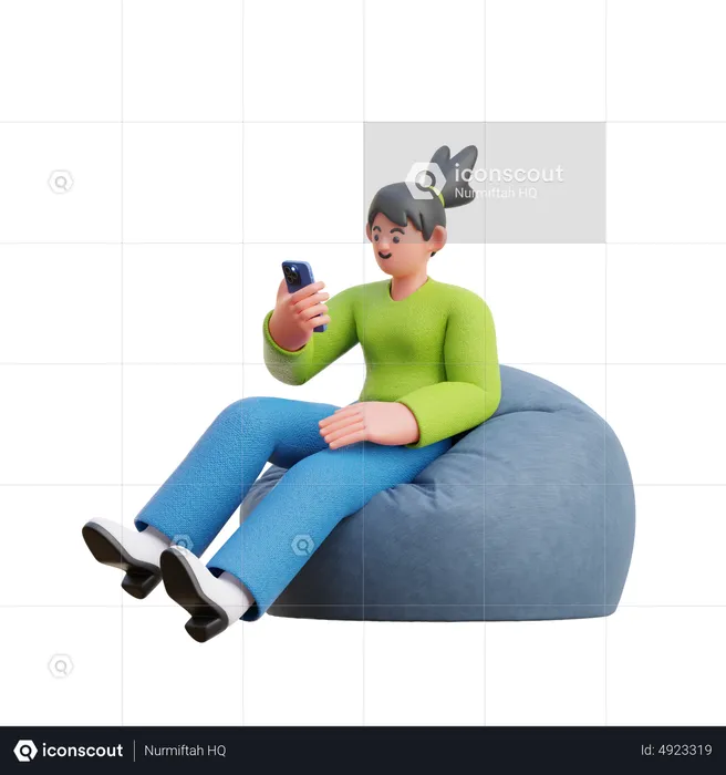 Woman Look At Smartphone Sitting On Bean Bag  3D Illustration
