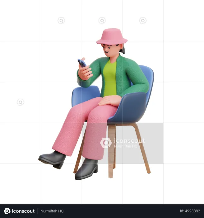 Woman Look At Smartphone Sitting On Chair  3D Illustration