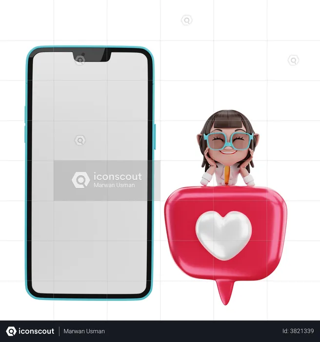 Woman looking at love with cellphone  3D Illustration