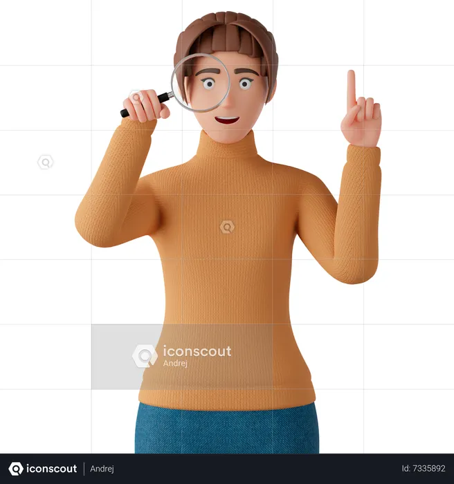 Woman Looks Through A Magnifying Glass And Points Up With His Index Finger  3D Illustration