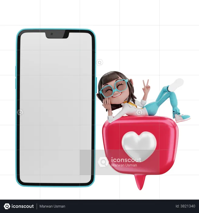 Woman lying on love with cellphone  3D Illustration