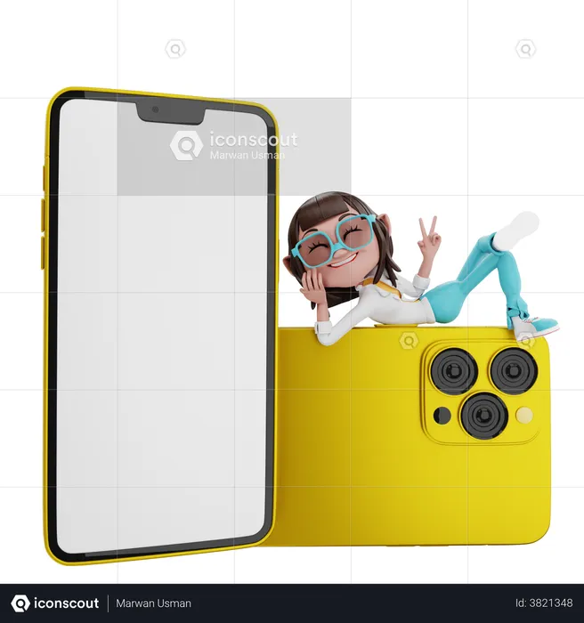 Woman lying on the phone giving victory pose  3D Illustration