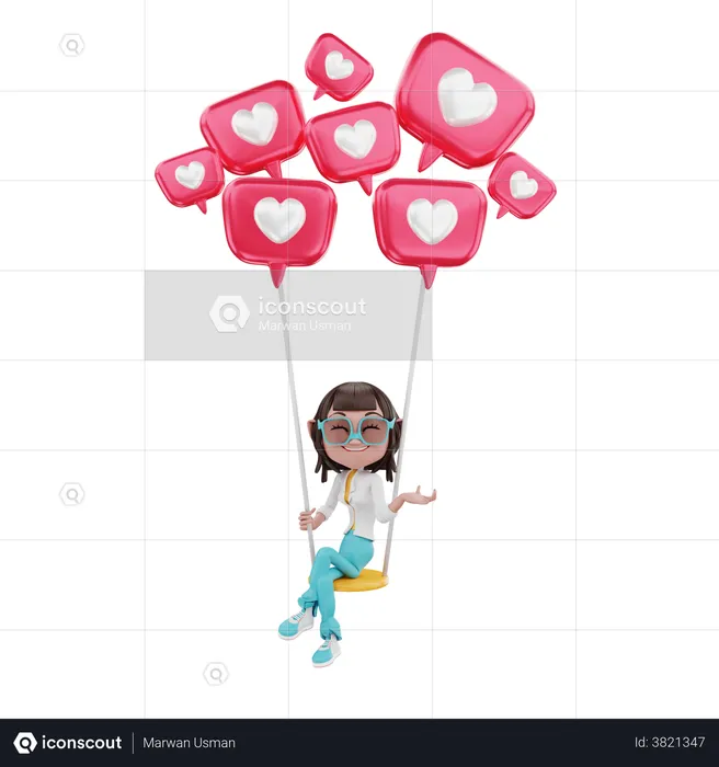 Woman on love air balloons  3D Illustration