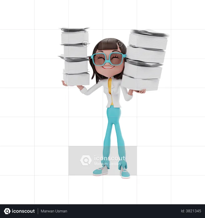 Woman pick up a lot of files  3D Illustration