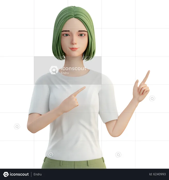 Woman pointing at left side using both hands  3D Illustration