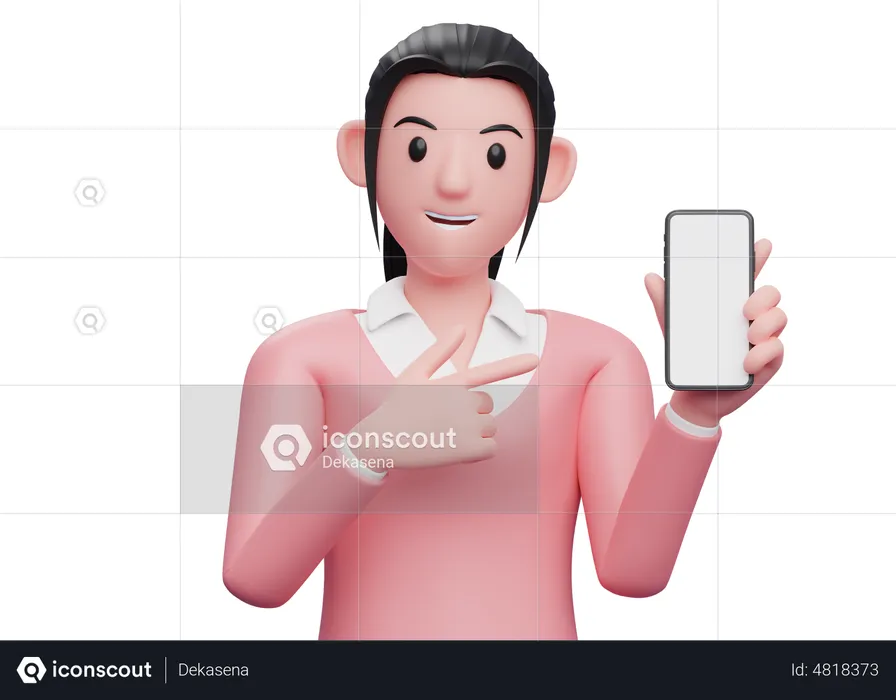 Woman pointing finger at blank mobile screen  3D Illustration