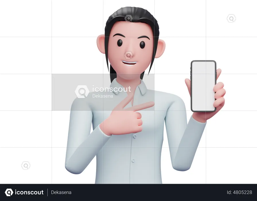 Woman pointing finger at blank mobile screen  3D Illustration