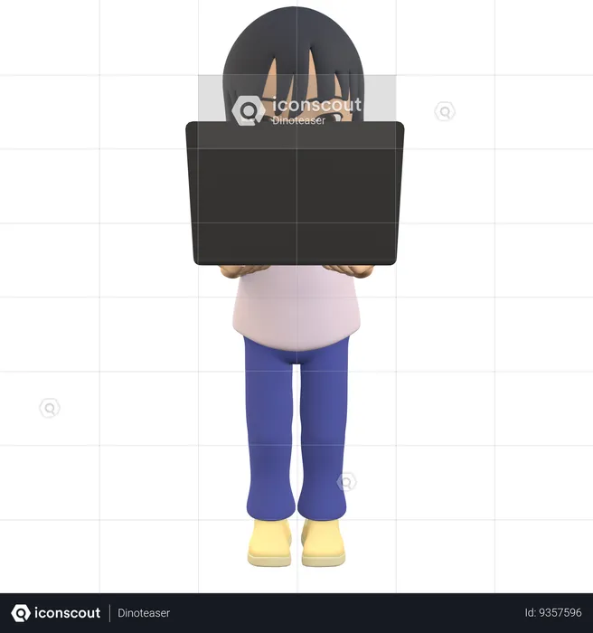 Woman Posing Standing Holding A Laptop  3D Illustration