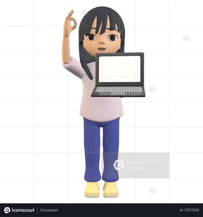 Woman Posing Standing Showing A Laptop Screen While Giving The Ok Finger  3D Illustration