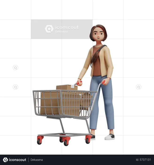 Woman pushing a trolley full of groceries  3D Illustration