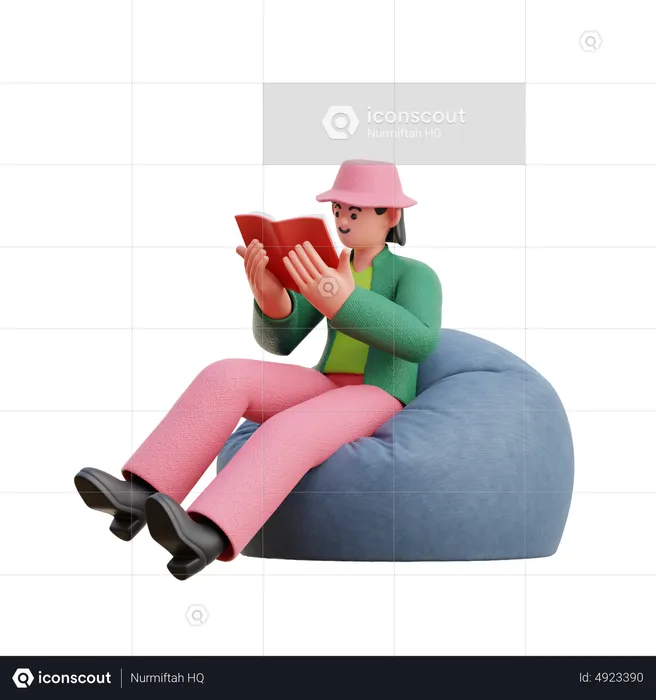 Woman Reading A Book While Sitting On Bean Bag  3D Illustration