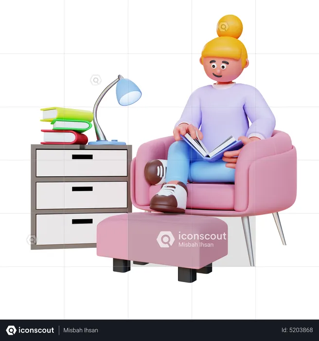 Woman Reading Book And Sit On Sofa  3D Illustration