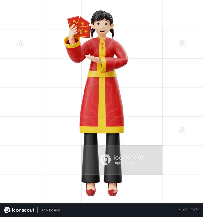 Woman Red Envelope Giving  3D Illustration