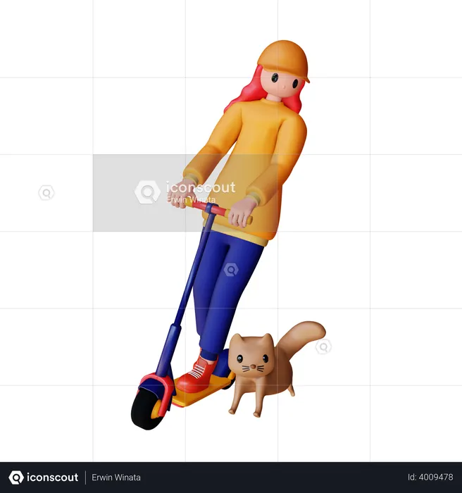 Woman riding electric scooter with cat  3D Illustration