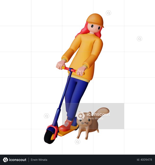 Woman riding electric scooter with cat 3D Illustration