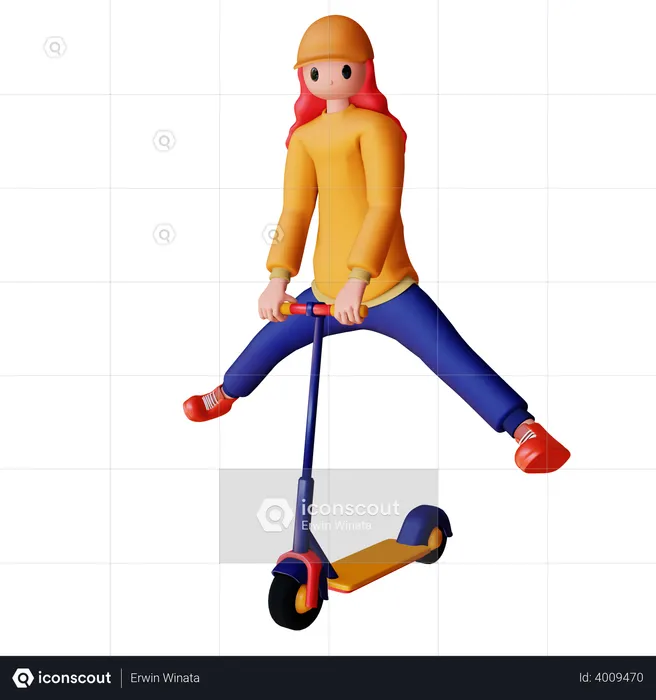 Woman riding electric scooter with stretched legs  3D Illustration