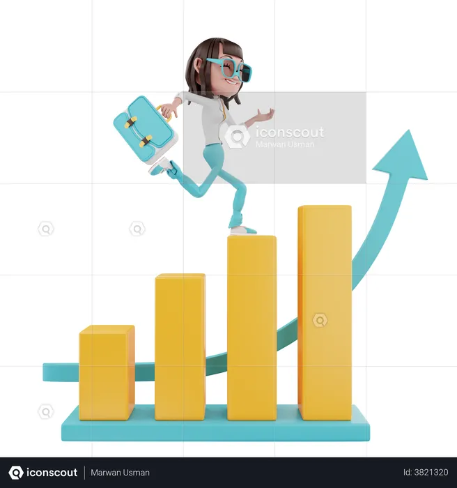 Woman running with a suitcase over charts and arrows  3D Illustration