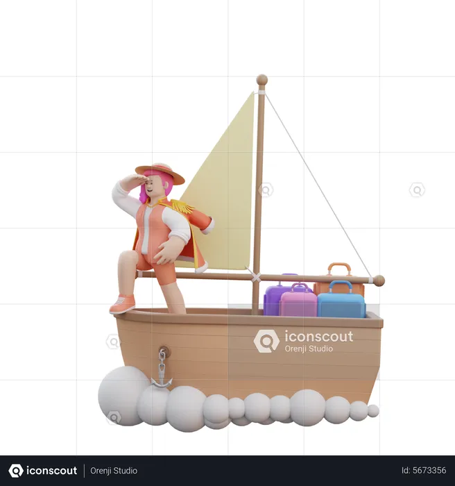 Woman Sails On Boat  3D Illustration