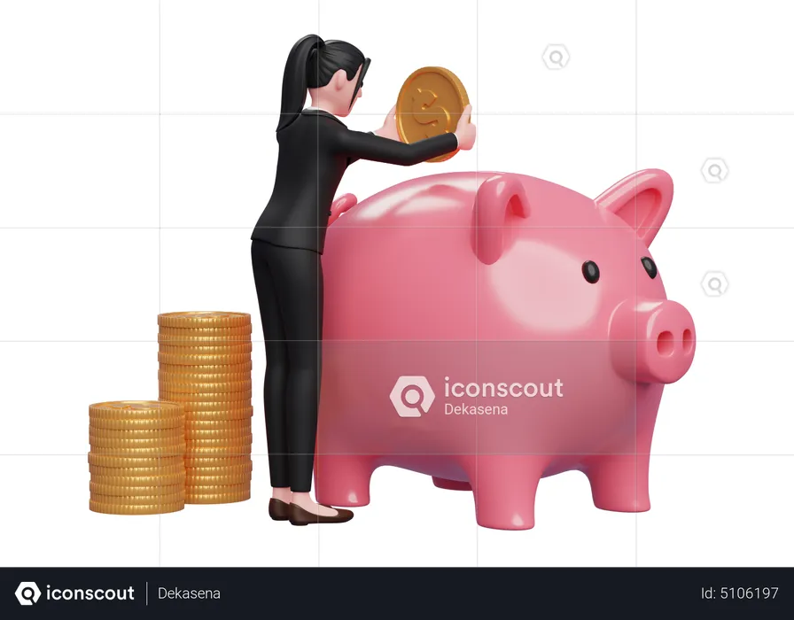 Woman saving money inside piggy bank  3D Illustration