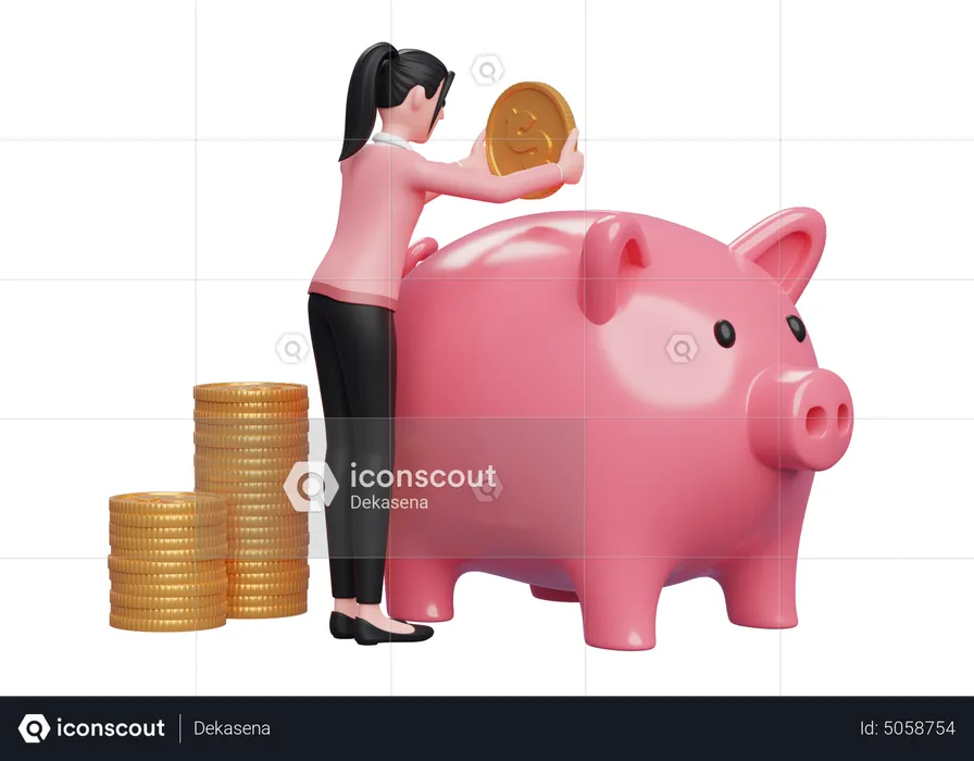 Woman saving money inside piggy bank  3D Illustration