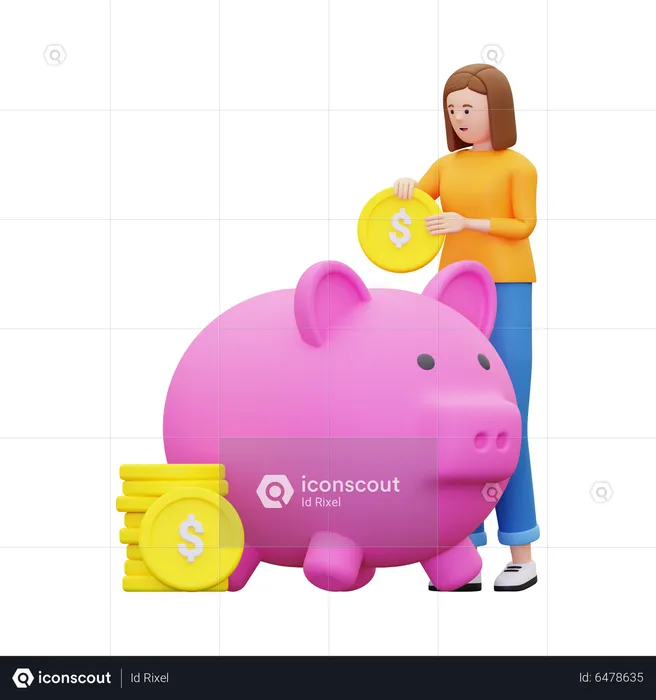Woman Saving Money Into Piggy Bank  3D Illustration