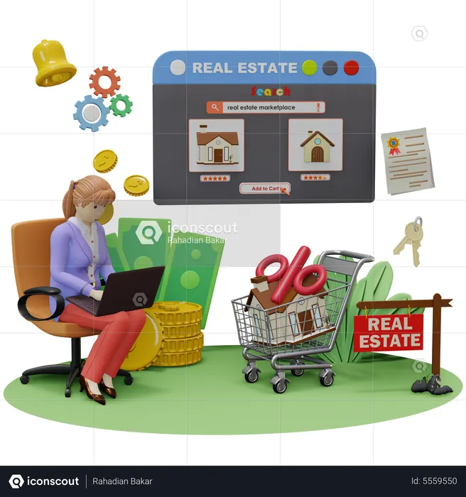 Woman Searching Real Estate on website  3D Illustration