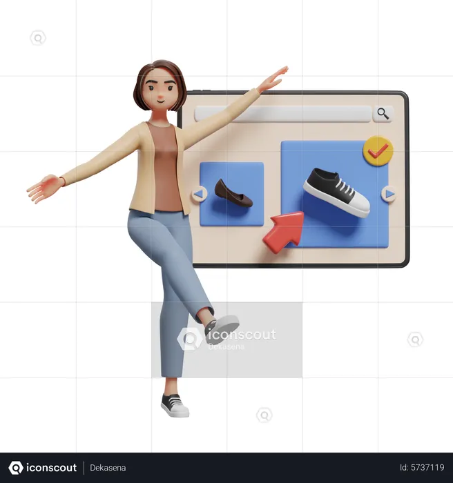Woman selecting and buying shoes online via tablet  3D Illustration