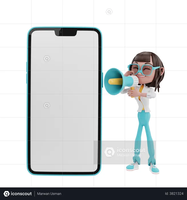 Woman shouting in megaphone with cellphone  3D Illustration