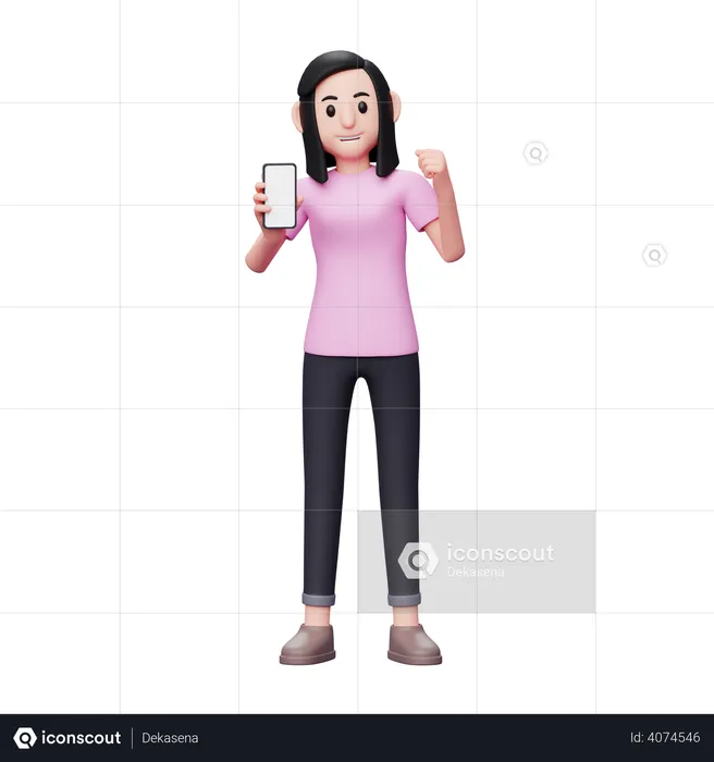 Woman showing phone screen with winning gesture  3D Illustration