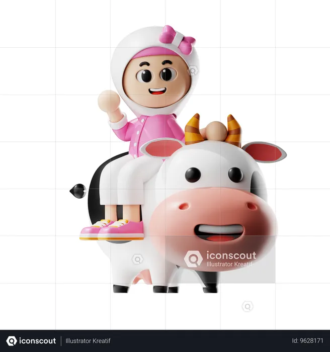 牛の背中に座る女性  3D Illustration