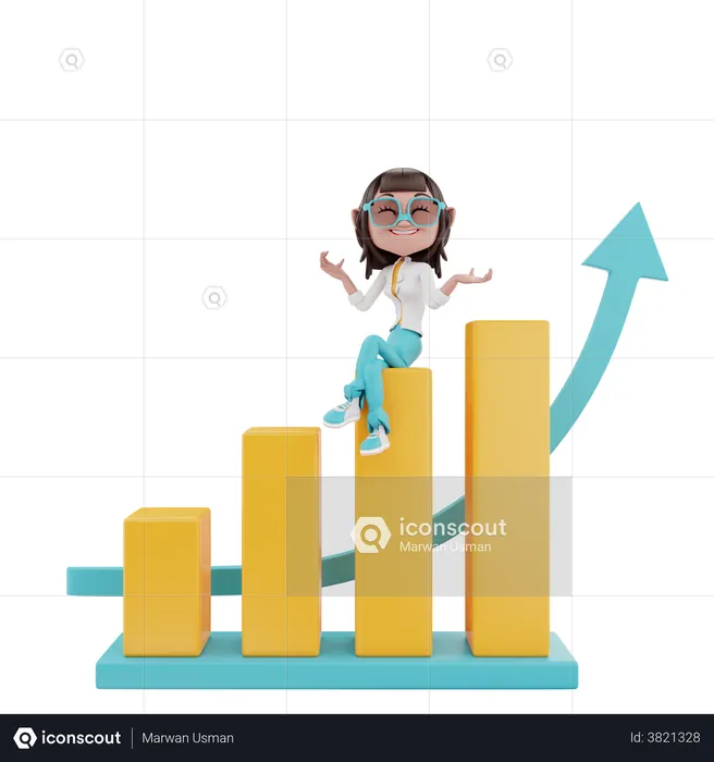 Woman sitting chart and showing growth  3D Illustration