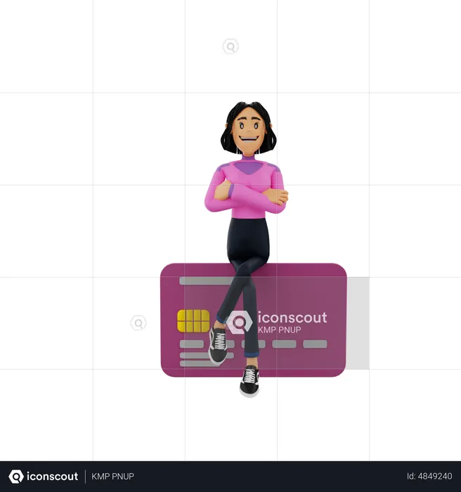 Woman sitting on bank card  3D Illustration