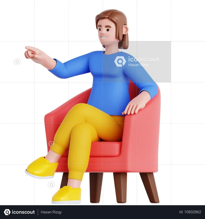 Woman Sitting on Couch and Pointing  3D Illustration