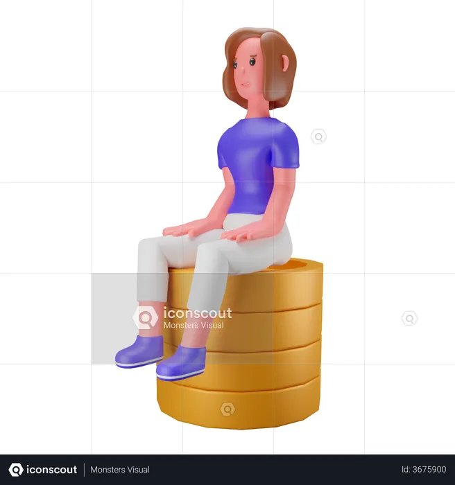 Woman sitting on stacked coins  3D Illustration