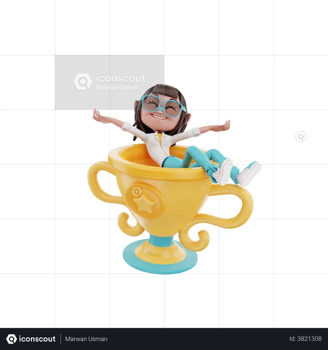 Woman sitting on the trophy  3D Illustration