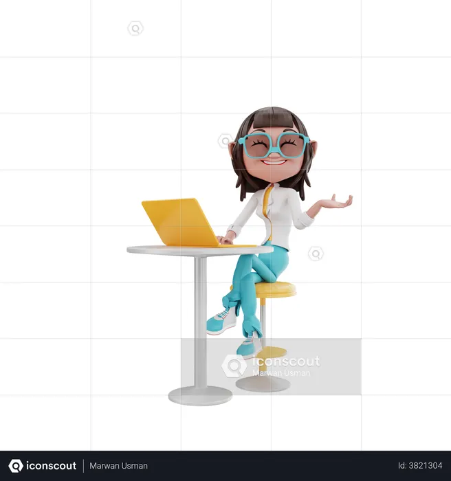 Woman sitting with laptop at table  3D Illustration