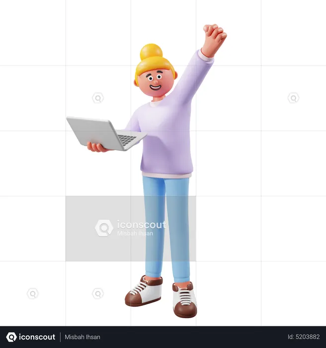 Woman Standing And Holding Laptop  3D Illustration
