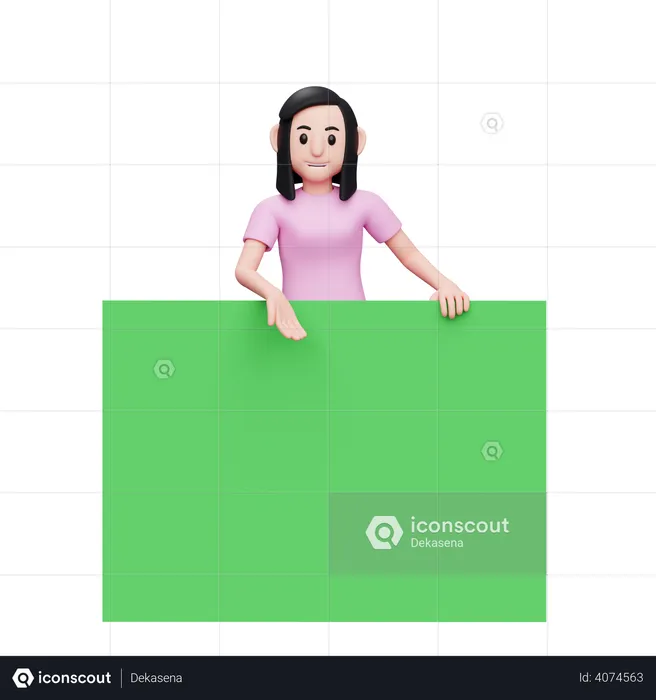 Woman standing behind the big green banner  3D Illustration