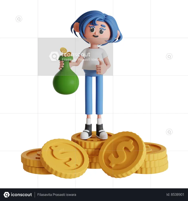 Woman Standing On A Pile Of Coin While Holding Money Bag  3D Illustration
